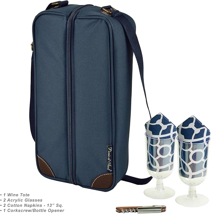 Picnic at Ascot Insulated Wine Tote with 2 Wine Glasses, Napkins and Corkscrew -Designed & Assembled in the USA