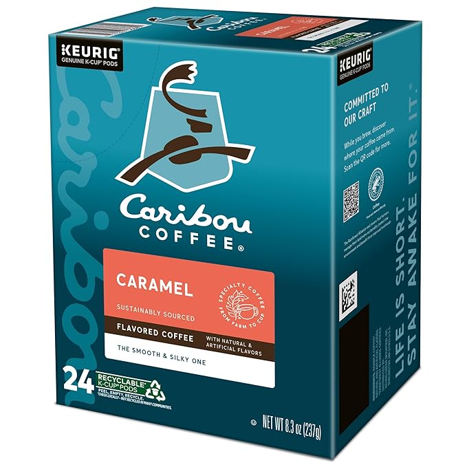 Caribou Coffee Caramel Flavored Coffee, Single Serve Keurig K-Cup Pods, Medium Roast Coffee, 96-Count Box (Pack of 4)