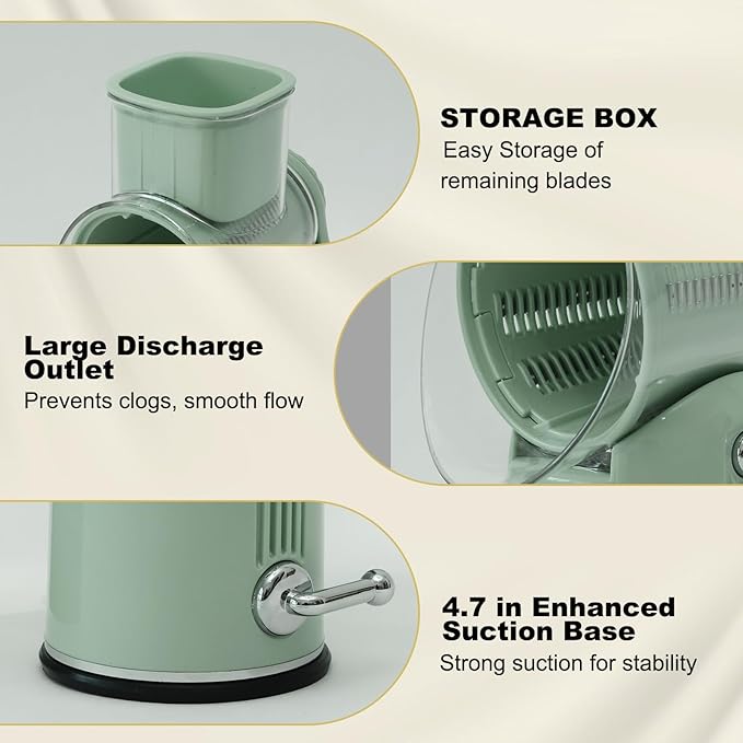 5 in 1 Cheese Grater with Rotary Hand Crank - Vegetable Chopper with Replaceable Stainless Blades, Strong Suction Base, Handle, Blade Storage Box, Easy-Clean Multipurpose Kitchen Slicer (Green)