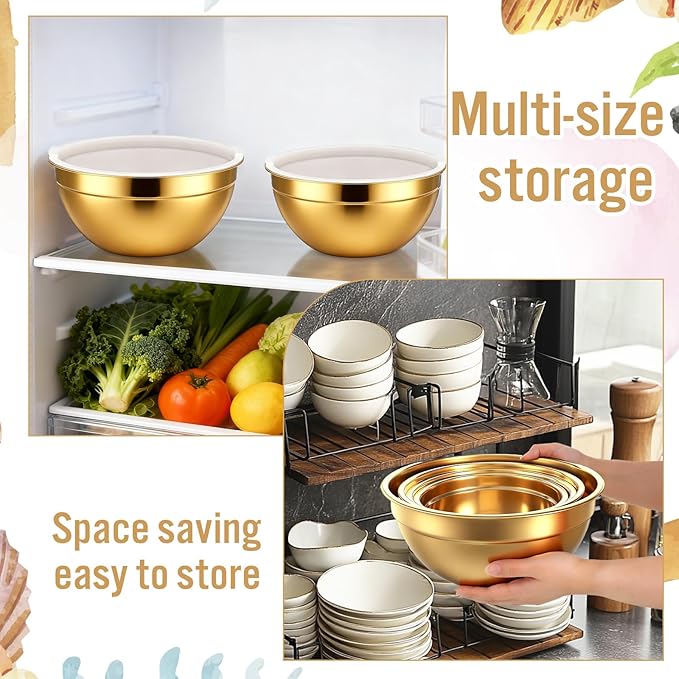 SHENLIU 5 Pcs Gold Mixing Bowls with Airtight Lids, Stainless Steel Mixing Bowl with Colander Metal Nesting Organizers for Kitchen Prepping Serving Food, Non-slip Bottom Size 5.5, 3.6, 2.7, 2.1Qt