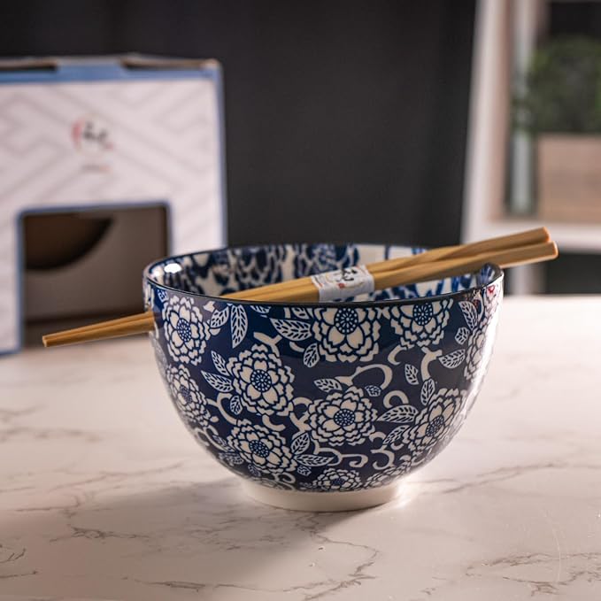 Urban Tokyo Porcelain Japanese Motif Design Ramen Udon Noodle Rice Bowl With Chopsticks 20 fl oz 6 inch Diameter Bowl Sets Color Box Packaging (Botan Peony Flower)