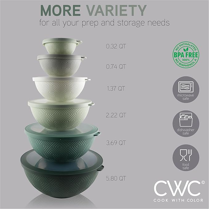 COOK WITH COLOR Mixing Bowls with Lids - 12 Piece Plastic Nesting Bowls Set includes 6 Prep Bowls and 6 Lids, Rhombus Design - Microwave Safe (Sage)