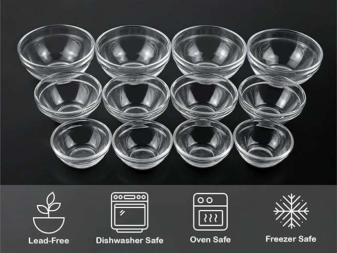 HillSpring 3 Sizes of Glass Prep Bowl Sets, Clear Small Pinch Bowls for Salt, Spices and Chopped Ingredients, 1.5oz/2.5oz/3.5oz, Set of 12