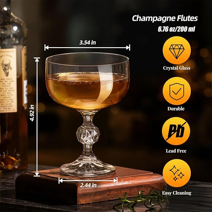 KAMMAK Coupe Glasses Set of 2, 6.7oz Crystal Cocktail Glasses, Classic Champagne Glassware for Martini, Margarita, Manhattan, Modern Bar Drinkware for Party, Beach, Anniversary