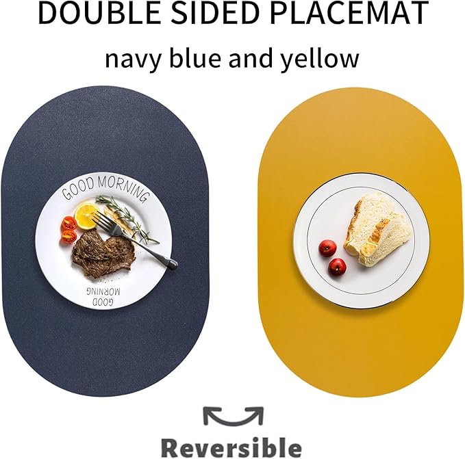 Reversible Placemats Set of 6 Waterproof Oval Faux Leather Placemat Navy Blue and Yellow PU Table Mats Heat Resistant Anti Slip Washable Place Mat for Indoor and Outdoor Dining Table