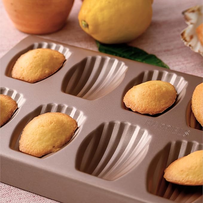 HAPPIELS Non Toxic Nonstick Madeleine Pan 12 Well Set of 2 (24 wells) | Non Stick Nontoxic Madeleines Pans for baking | Madeleine Cake Cookie Mold | Madeleine tray for oven | French tin 12