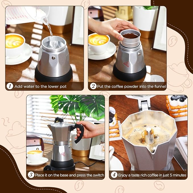 Coffee Pot 6 Cup Electric Espresso Coffee Maker Italian Moka Maker 300ml Portable Aluminum Espresso Machine Cafetera Moka Pot with Detachable Base, Gift for Home Travel(Aluminum Color)
