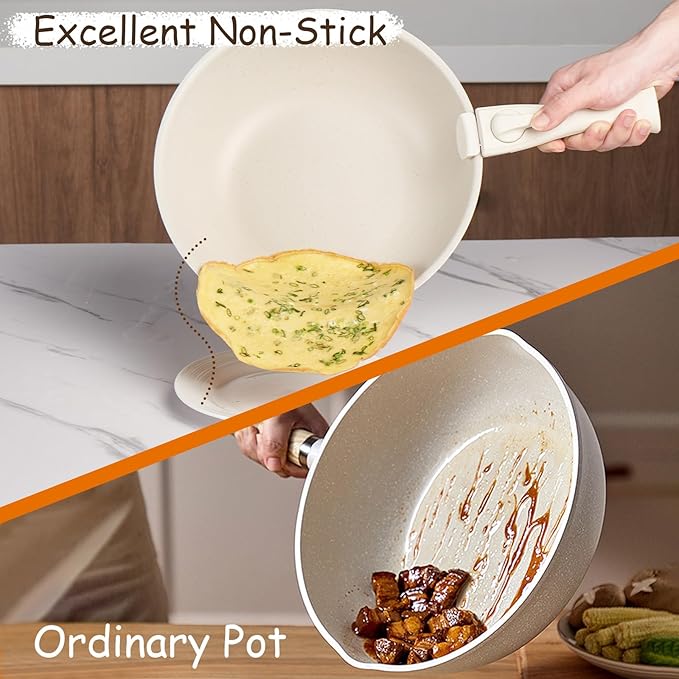 22Pcs Pots and Pans Set, Nonstick Cookware Sets, Cream White Induction Cookware Non Stick Ceramic Cooking Set with Frying Pans & Saucepans (PFOS, PFOA Free)