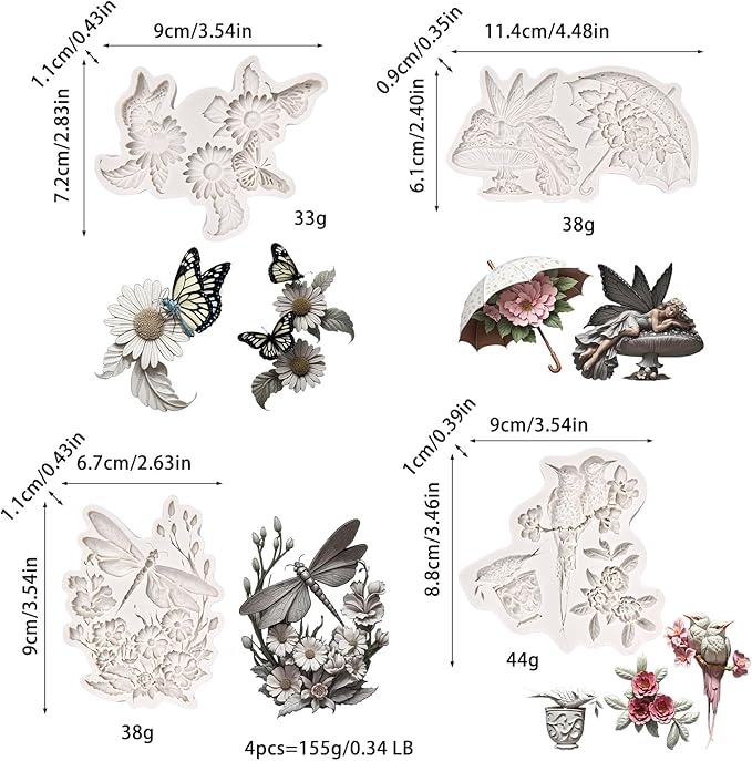 (Four-piece set) Flower, butterfly, umbrella wing girl, dragonfly, bird, DIY silicone mold, cake chocolate mold wedding cake decoration tool soft candy cake mold