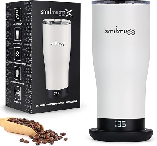 X Heated Coffee Mug 19 oz., 8 Hour Battery Life, Self-Heating, Adjustable Temp Controlled, LCD Screen, Includes Cover with Magnetic Slider (Black) (White)