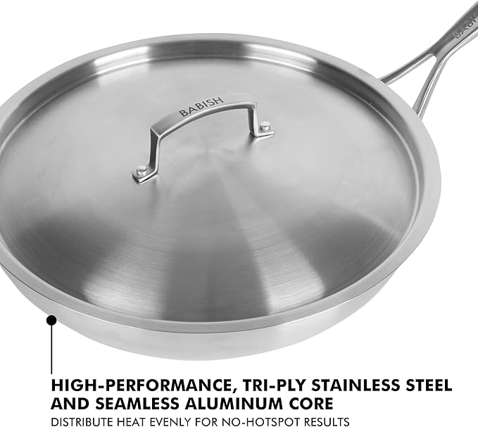 Babish 12 Inch Stainless Steel Triply Professional Grade Fry Pan w/Stainless Lid