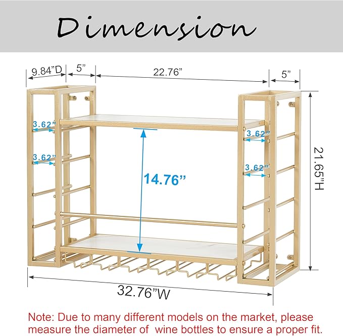 Wall Mounted Wine Rack with Glass Holder, Metal Bottle Holder Wine Storage Display Shelf for Home Bar Dining Room Kitchen (31.5 Inch, Gold)