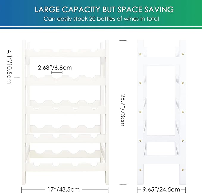 SMIBUY Bamboo Wine Rack, 20 Bottles Display Holder, 5-Tier Free Standing Storage Shelves for Kitchen, Pantry, Cellar, Bar (White)