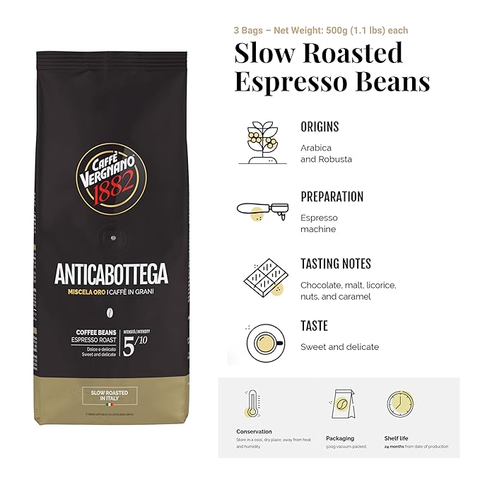Caffe Vergnano 1882 Antica Bottega Whole Bean Arabica Medium Roast Espresso - Italian Coffee Beans Chocolate, Nuts and Caramel Notes, Intensity 5/10, 3.3 lbs