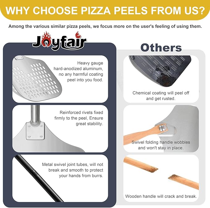 12 Inch Perforated Pizza Peel Aluminum Pizzas Spatula, Joyfair 12’’ x 14’’ Metal Pizza Paddle with Rocker Cutter Pizza Oven Accessories Turning Tool Set, Easy Cleanup (Detachable Handle)