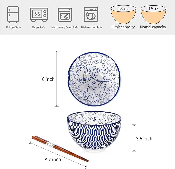 Selamica Ceramic Ramen Bowls Set, 15 OZ Noodle Bowls for Kitchen with Chopsticks, Deep Soup Bowls for Japanese Ramen Udon Soba, Microwave Dishwasher Safe, Set of 4, Vintage Blue
