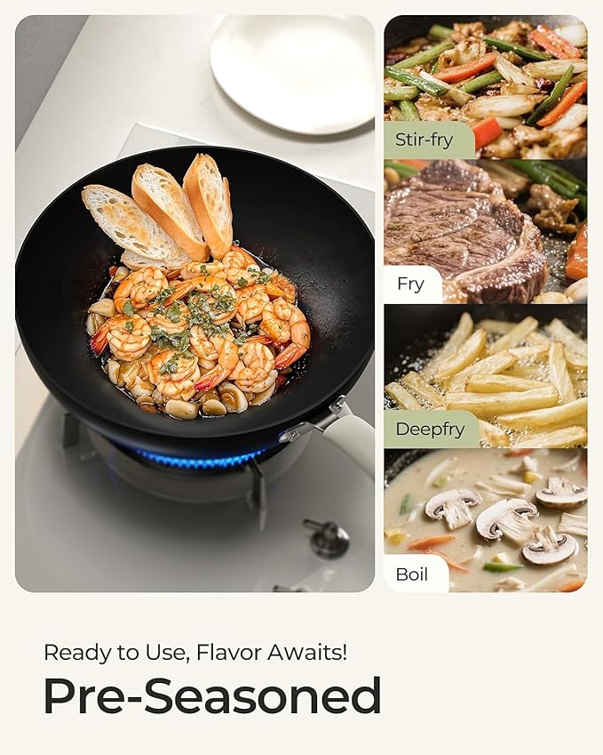 Carbon Steel Wok Pan - 11.8 Inch Pre-Seasoned Flat Bottom Chinese Woks & Stir Fry Pans with Lid, Lightweight Kitchen Cookware for All Stovetops, Gas, Electric, Gift Set for Women/Mom