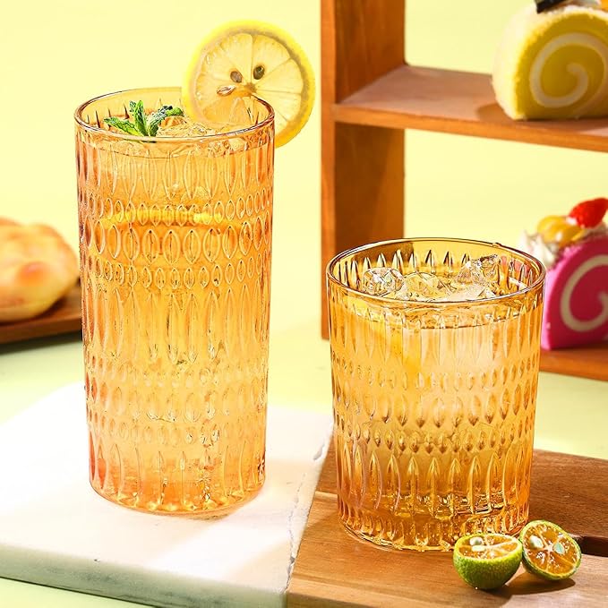 Glassware Drinking Glasses Set of 8, 14 oz Highball Glasses & 10 oz Ribbed Glass Cups, Vintage Glassware for Water, Juice, Cocktail (Thanksgiving Amber)