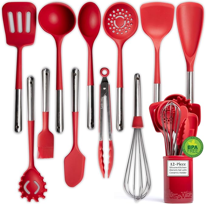 Larder & Vine 12-Piece Silicone Kitchen Cooking Utensils Set with Stainless Steel Handle and Ceramic Holder, Dishwasher Safe Set of Kitchen Essentials (Cabernet)