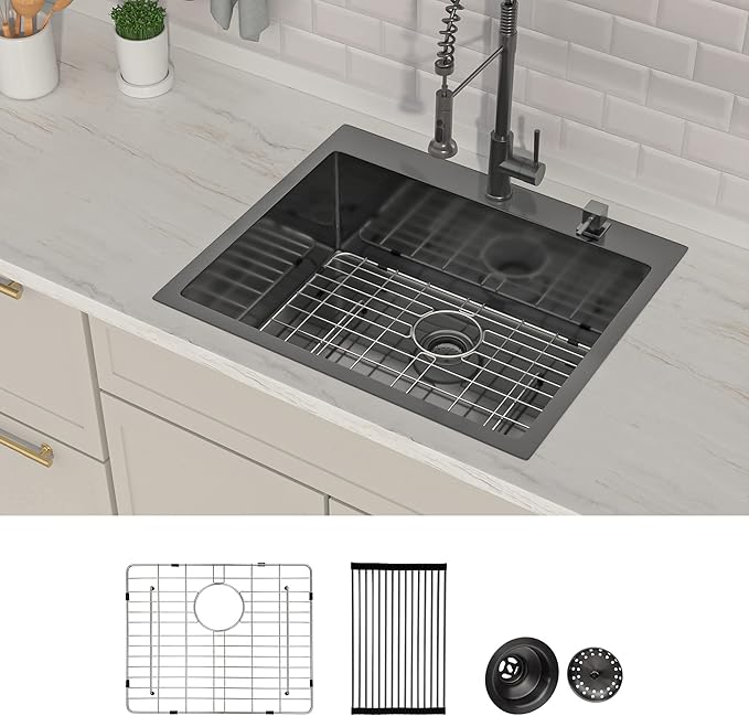 Lordear 25 Drop In Kitchen Sink 25 x 22 inch Gunmetal Black Drop Sink 16 Gauge Stainless Steel Single Bowl Topmount Over Counter Bar Prep Kitchen Sinks Basin