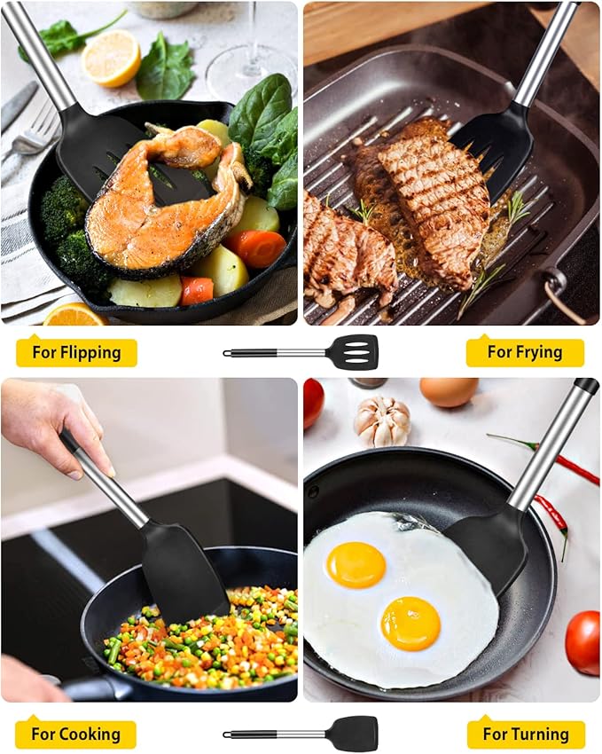 Pack of 2 Silicone Solid Turner, Non Stick Slotted Kitchen Spatulas, High Heat Resistant BPA Free Cooking Utensils, Ideal Cookware for Fish, Eggs, Pancakes(Black)