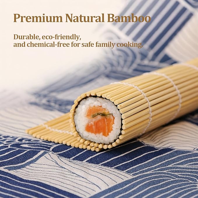 Sushi Making Kit, 6 PCS Beginner Sushi Maker Set, Including 2 White Bamboo Rolling Mats, 2 Pairs Chopsticks, 1 Paddle,1 Spreader, Natural Bamboo Material, Ideal Gift for Kids, Friends, Home Chef