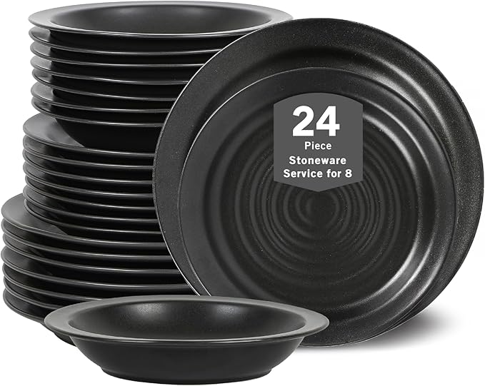 Stone Lain Orbit 24-Piece Dinnerware Set Stoneware, Plates and Bowls Set, Pasta Bowls, Microwave and Dishwasher Safe, Dish Set for 8, Charcoal