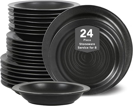 Stone Lain Orbit 24-Piece Dinnerware Set Stoneware, Plates and Bowls Set, Pasta Bowls, Microwave and Dishwasher Safe, Dish Set for 8, Charcoal
