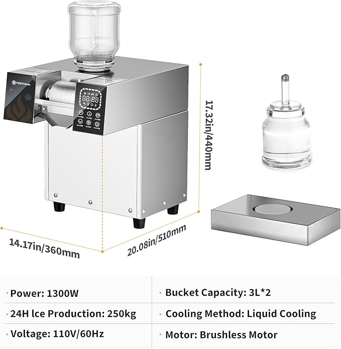 Snowflake Ice Machine, Commercial Shaved Ice Machine, Electric Snow Cone Maker, 10 Gears Adjustable Speed for Home, Outdoor Kitchen, Restaurant, Bakery, Café (Liquid Cooling, 250kg/24H)