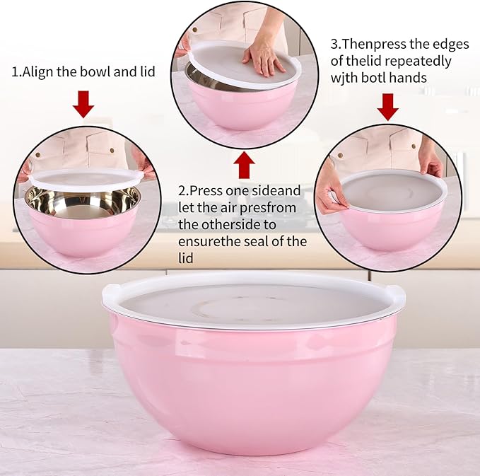 Pink Mixing Bowls with Lids Set of 7, Stainless Steel Nesting Bowl with Khaki Lid for Non-slip Mixing Prepping Storing Serving, 7 Sizes-7/3.6/2.7/2.1/1.5/1/0.8 QT