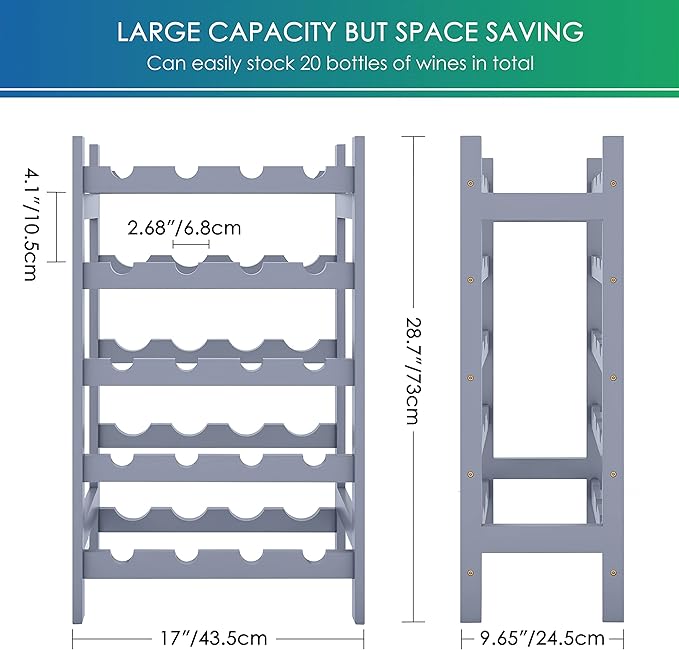 SMIBUY Bamboo Wine Rack, 20 Bottles Display Holder, 5-Tier Free Standing Storage Shelves for Kitchen, Pantry, Cellar, Bar (Gray)