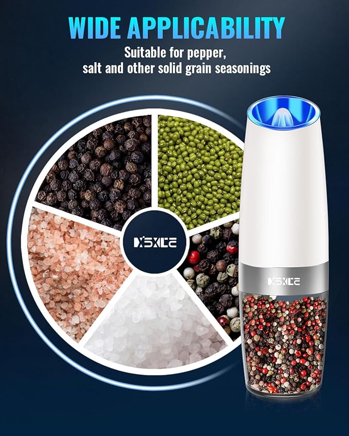 XinXu Electric Pepper Grinder, Salt or Pepper Mill & Adjustable Coarseness, Battery Powered with LED Light, One Hand Automatic Operation (Set/Snow White)