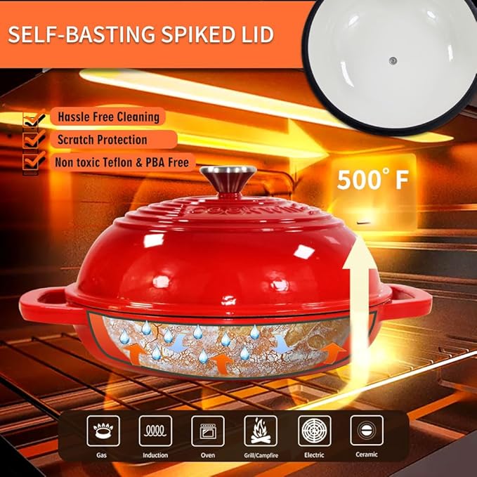 Enameled Cast Iron Dutch Oven with Lid,11”Dutch Oven for Homemade Bread,6 Quart Bread Pans,Bread Oven for Sourdough Bread Baking-with Silicone Baking Mat,Red Thick Enamel Bread Pan-Gifts for Family
