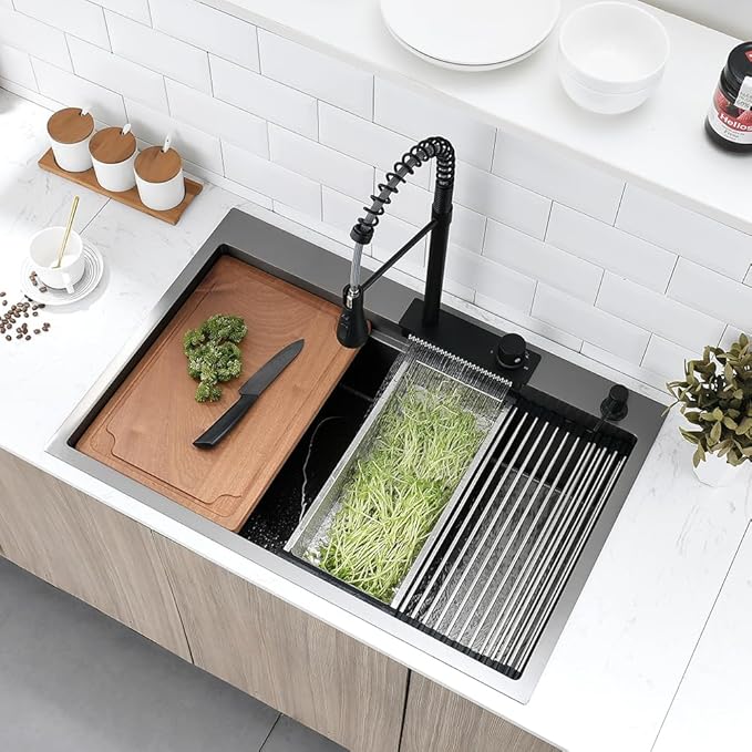 Black Kitchen Sink with Waterfall Faucet Combo, 33x22 Drop in Kitchen Sink with Faucet Stainless Steel 16 Gauge Single Bowl Modern Ledge Workstation