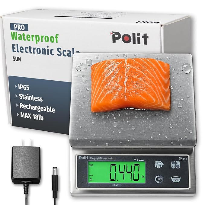Polit Sun Rechargeable Food Scale for Kitchen13lb/6kg, 0.02oz/0.5g Precision IP65 Waterproof Kitchen Scale with LCD Display Stainless Steel Top, Grams & Ounces for Seafood, Baking & Restaurants
