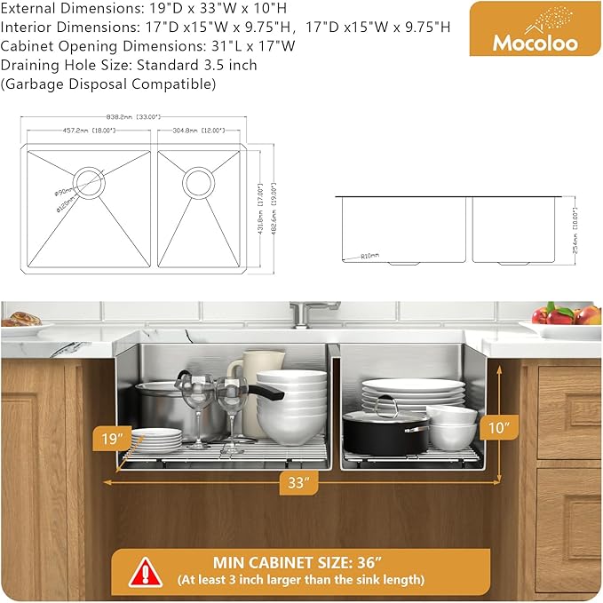 Mocoloo 33 Inch Undermount Kitchen Sink Double Bowl - 60/40 Stainless Steel Double Bowl Under Counter 16 Gauge Kitchen Sinks Handmade, 33x19x10 Inch