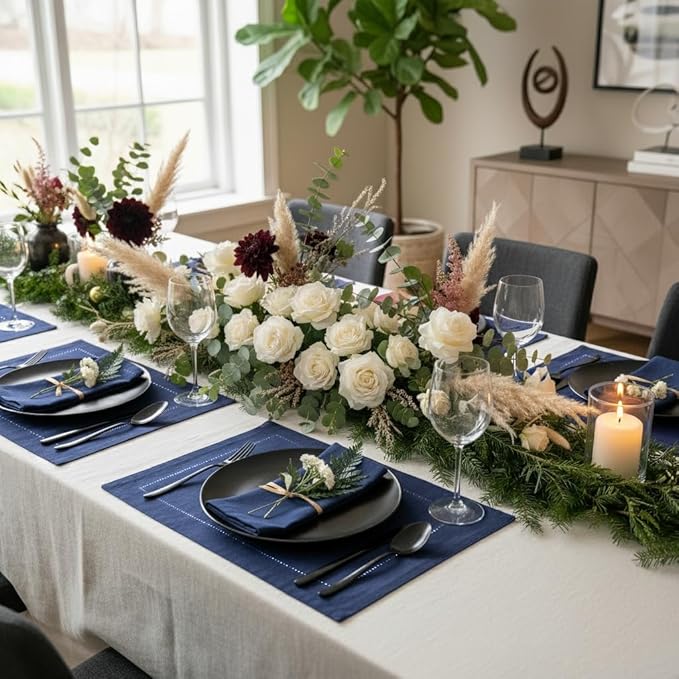 D'Moksha Homes Linen Placemats Set of 4 - Classic Hemstitch Navy Blue Placemats 14 x 19 Inch - 100% Pure Linen Table Mats for Fall, Thanksgiving, Holiday - Handcrafted and Machine Washable