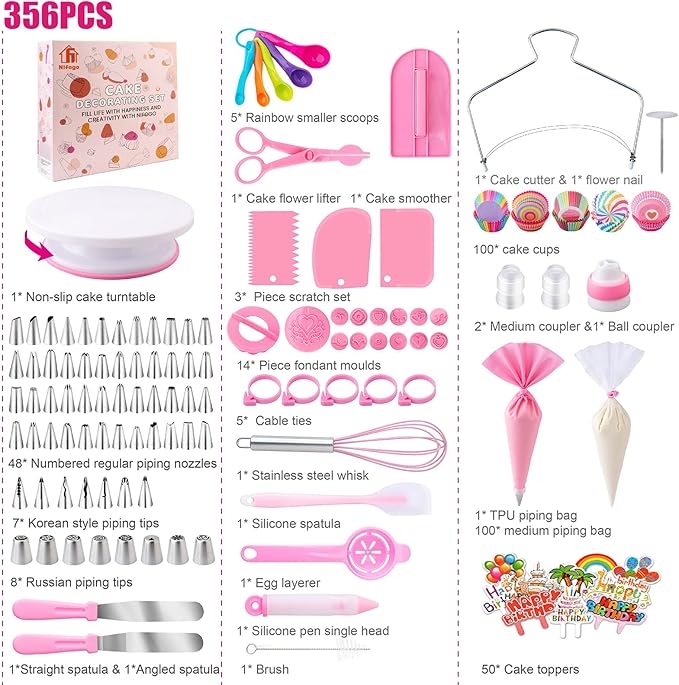 Cake Decorating Supplies Kit Tools 356pcs, Nifogo Baking Accessories with Cake Turntable, Pastry Piping Bag, Piping Icing Tips for Beginners