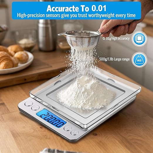 Digital Scale Kitchen 500g 0.01g Food Scale High Precision Kitchen Scale Multifunctional Stainless Steel Pocket Scale with Back-Lit LCD Display Tare PCS Features, 9 Weighing Units Switch