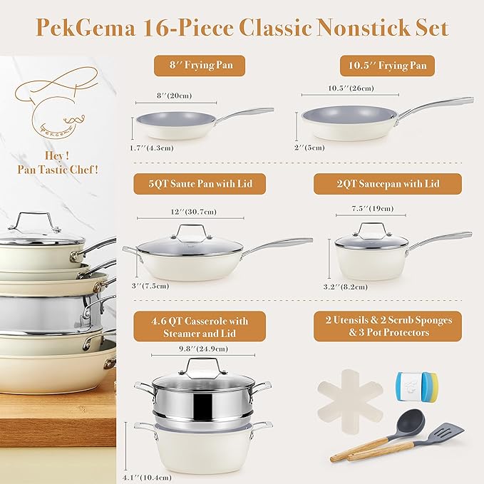 PekGema Ceramic Cookware Set Nonstick, 16 Pcs Pots and Pans Set Non Toxic, Oven Safe, Induction Cookware, Cooking Set with Steamer, PPG Ceramic PFAS PTFE PFOA FREE, Beige