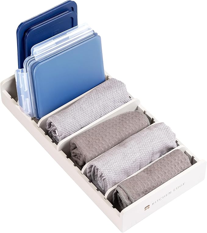 Bamboo Kitchen Towel and Food-Storage Organizer, Perfect for Kitchen Drawers, Cabinets, Pantry, 5 Adjustable Wall Inserts, Non-Slip Feet, Organize Food Containers, Food-Safe White Finish