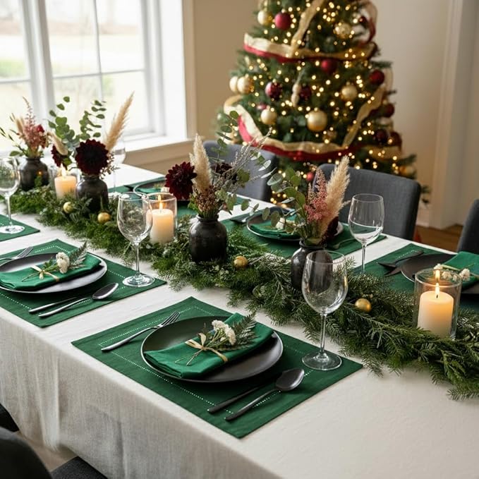 D'Moksha Homes Linen Placemats Set of 4 - Classic Hemstitch Forest Green Placemats 14 x 19 Inch - 100% Pure Linen Table Mats for Thanksgiving, Christmas, Holiday - Handcrafted and Machine Washable