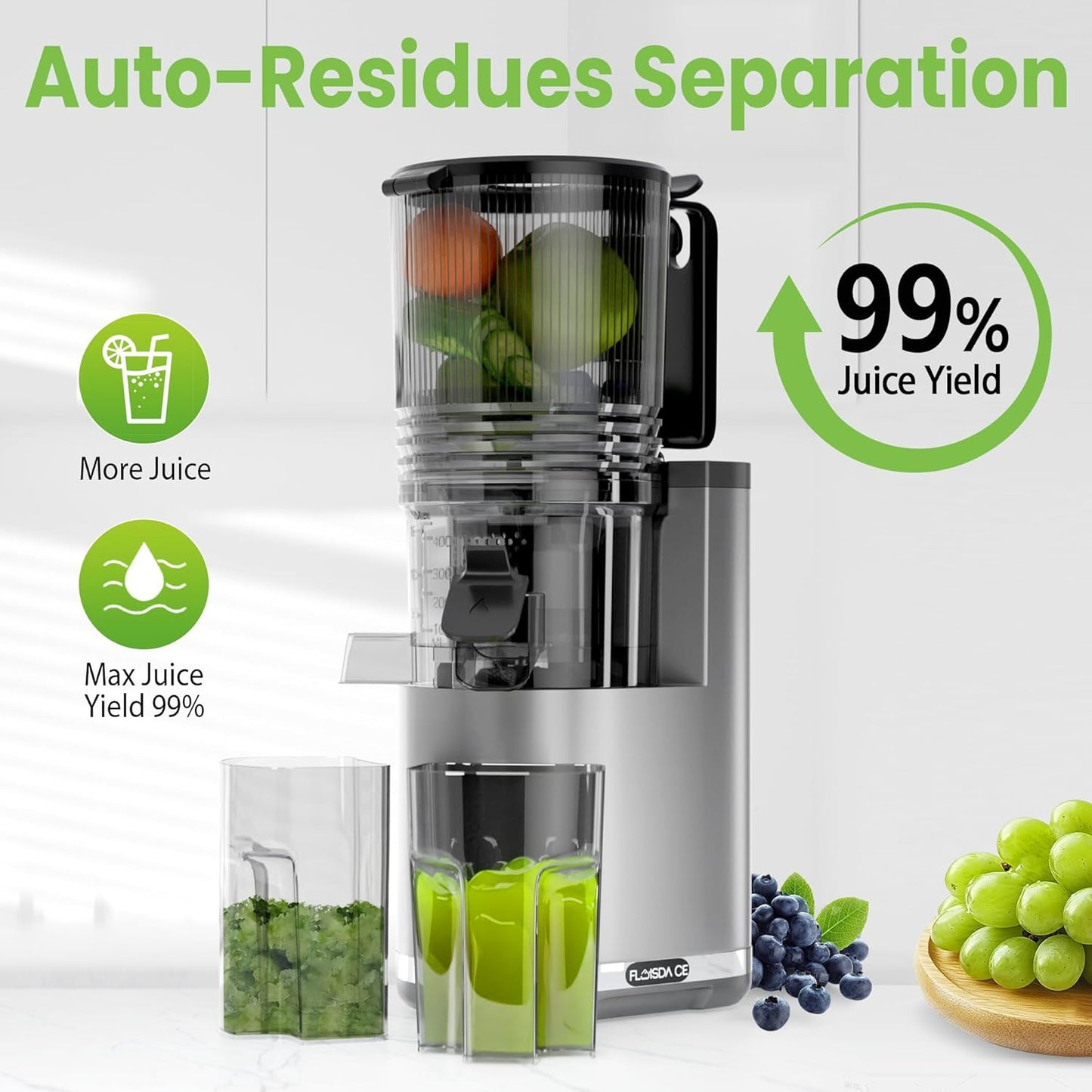 Cold Press Juicer, 6.5" Extra Large Feed Chute Juicer Machines, Hands-Free 350W Slow Masticating Juicer Machines with High Juice Yield for Whole Vegetables & Fruits, BPA Free, Silver