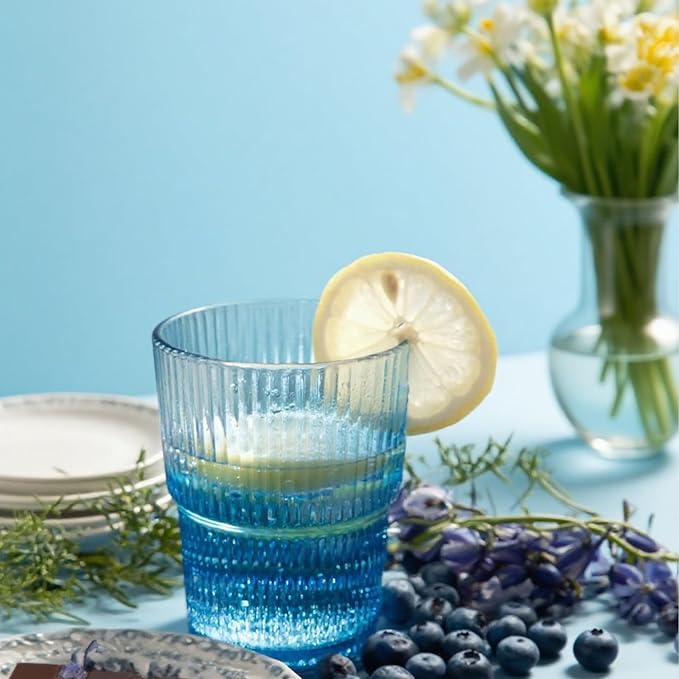 Ribbed Drinking Cups Set of 4-14oz Blue Highball Glass, Stackable Vintage Tumblers for Cocktails, Iced Coffee, Juice & Water, Elegant Everyday Glassware