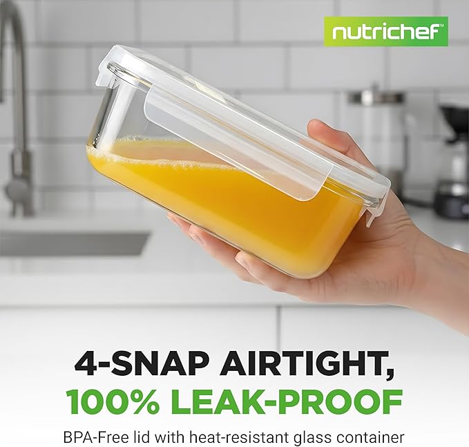 NutriChef 10-Piece Superior Glass Food Storage Containers Set (5 Containers + 5 Locking Lids),Stackable Meal-prep Design, BPA-free Airtight Clear Locking lids with Vent Lids & Air Hole, NCCLX5