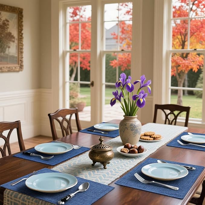 Homaxy Cloths Placemats for Dining Table Set of 12, Heat Resistant Washable Cotton Linen Blend Table Mats, Easy to Clean Place Mats for Indoor Outdoor Party Kitchen Decoration, 13" x 19", Blue