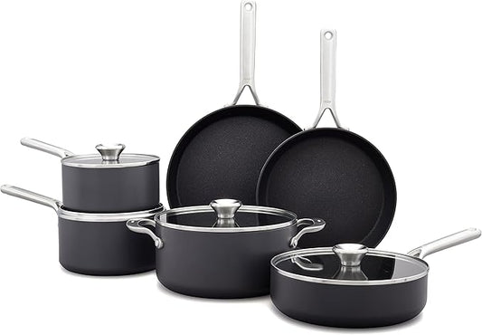 OXO Professional 10 Piece Cookware Pots and Pans Set, Hard Anodized Ceramic Nonstick PFAS-Free,Stainless Steel Handles,Induction,Skillets,Saute,Diamond Reinforced Coating,Dishwasher & Oven Safe,Black