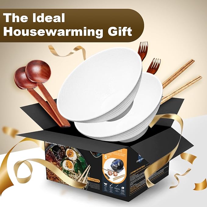 8-Inch Large Ceramic Ramen Bowl Set of 2 (9 Piece) - Microwave & Dishwasher Safe Porcelain Japanese Salad Noodles Cereal Fruit Pasta Soup Bowls with Recipes Chopsticks Forks Spoons for Men Women Gift