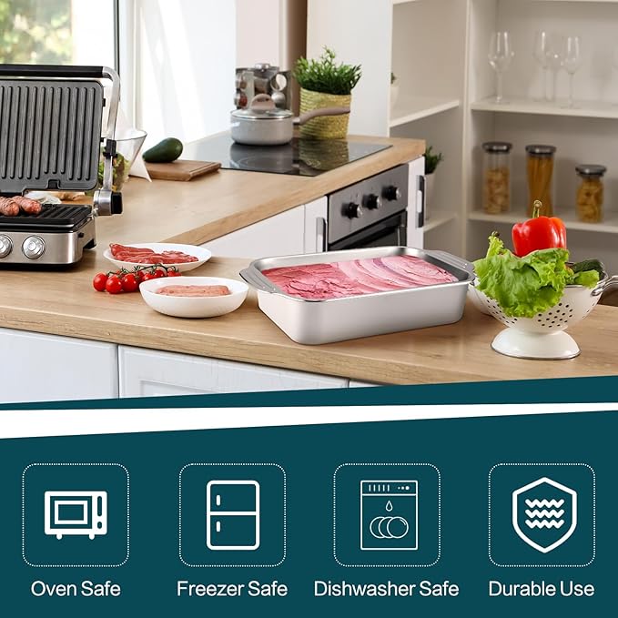 2 Pcs Stainless Steel Deep Baking Pans for Oven Rectangle Cake Pan Bakeware for Fish Cakes Breads Casseroles Vegetables Dishwasher Safe, 13 x 9 x 3. 35 Inch