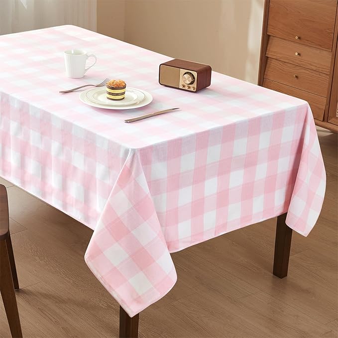 Yarn Dyed Cotton Blend Table Cloth Rectangle Table Cover 55x95 Inches Waterproof Indoor/Outdoor Pink and White Checkered Gingham Rectangle Tablecloth for Kitchen BBQs Buffet Picnic
